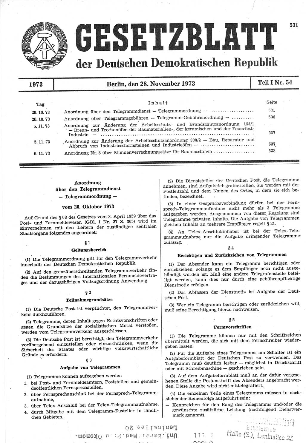 Gesetzblatt (GBl.) der Deutschen Demokratischen Republik (DDR) Teil Ⅰ 1973, Seite 531 (GBl. DDR Ⅰ 1973, S. 531)