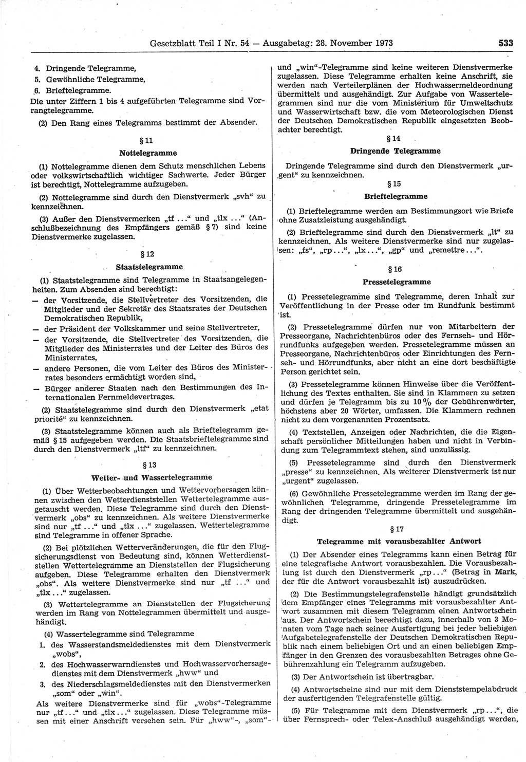 Gesetzblatt (GBl.) der Deutschen Demokratischen Republik (DDR) Teil Ⅰ 1973, Seite 533 (GBl. DDR Ⅰ 1973, S. 533)