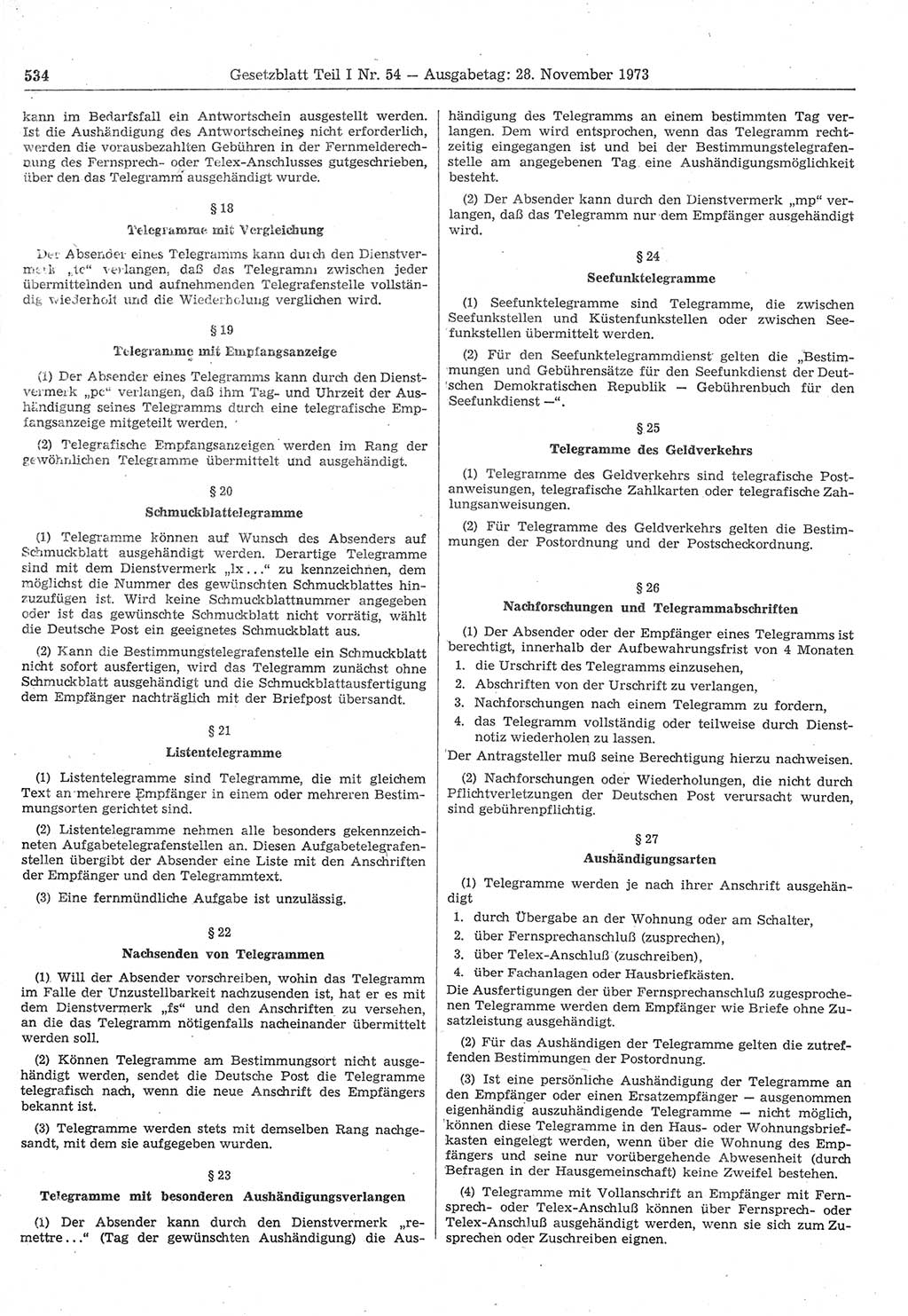 Gesetzblatt (GBl.) der Deutschen Demokratischen Republik (DDR) Teil Ⅰ 1973, Seite 534 (GBl. DDR Ⅰ 1973, S. 534)