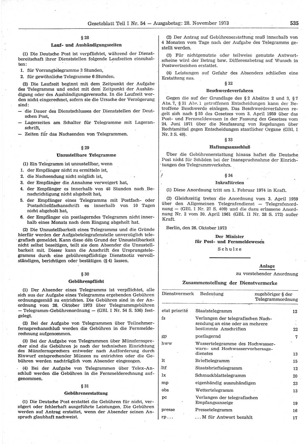 Gesetzblatt (GBl.) der Deutschen Demokratischen Republik (DDR) Teil Ⅰ 1973, Seite 535 (GBl. DDR Ⅰ 1973, S. 535)
