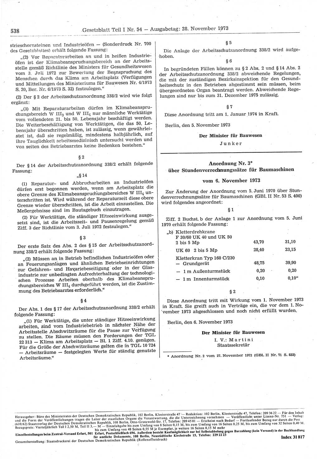 Gesetzblatt (GBl.) der Deutschen Demokratischen Republik (DDR) Teil Ⅰ 1973, Seite 538 (GBl. DDR Ⅰ 1973, S. 538)