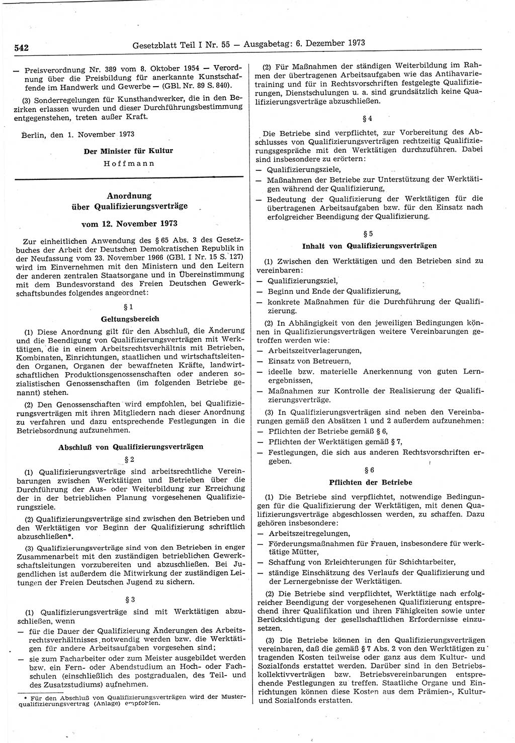 Gesetzblatt (GBl.) der Deutschen Demokratischen Republik (DDR) Teil Ⅰ 1973, Seite 542 (GBl. DDR Ⅰ 1973, S. 542)