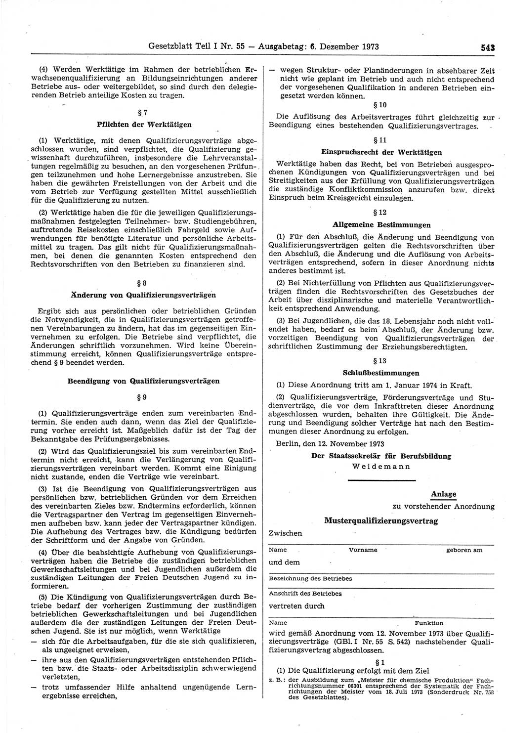 Gesetzblatt (GBl.) der Deutschen Demokratischen Republik (DDR) Teil Ⅰ 1973, Seite 543 (GBl. DDR Ⅰ 1973, S. 543)