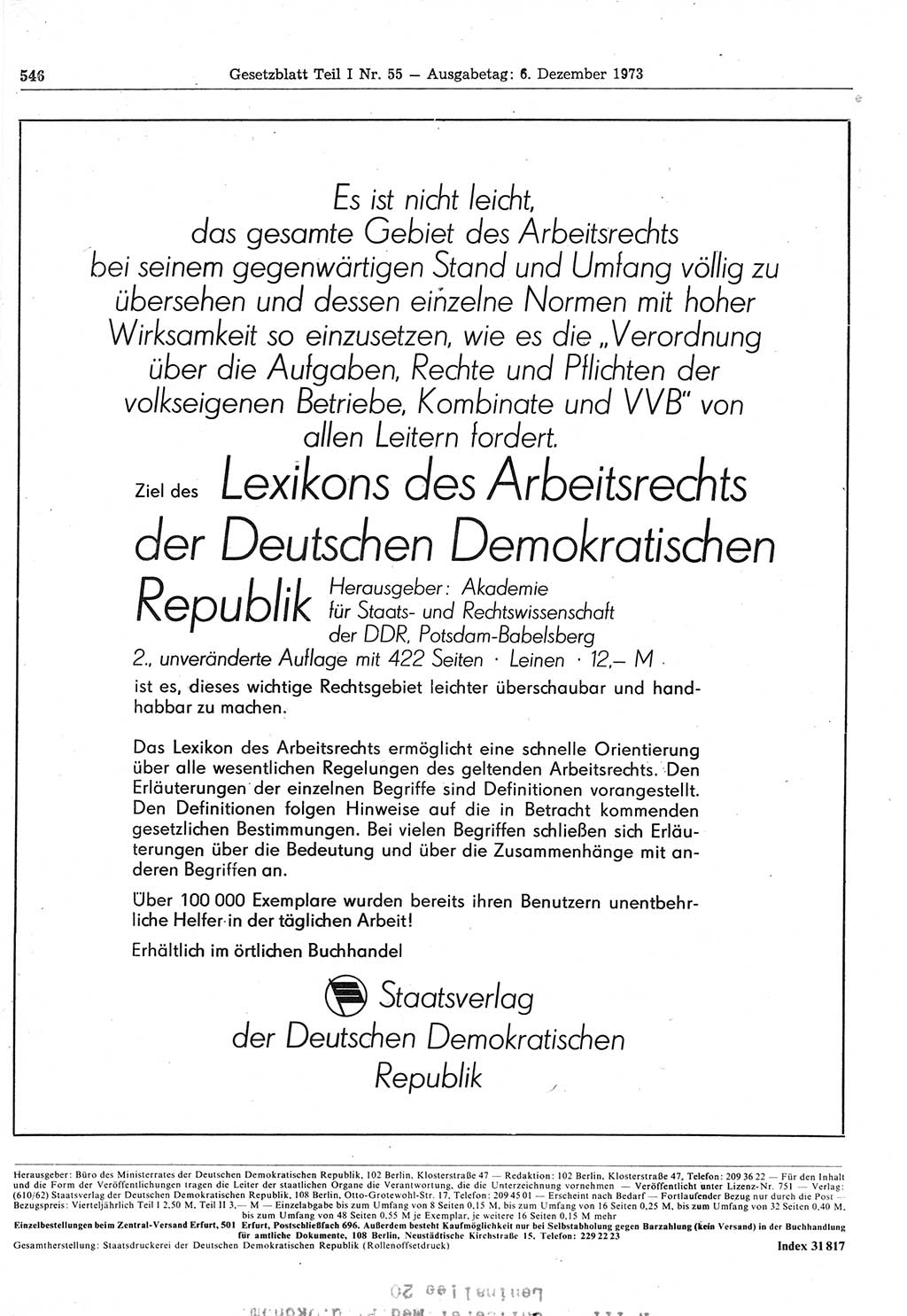 Gesetzblatt (GBl.) der Deutschen Demokratischen Republik (DDR) Teil Ⅰ 1973, Seite 546 (GBl. DDR Ⅰ 1973, S. 546)