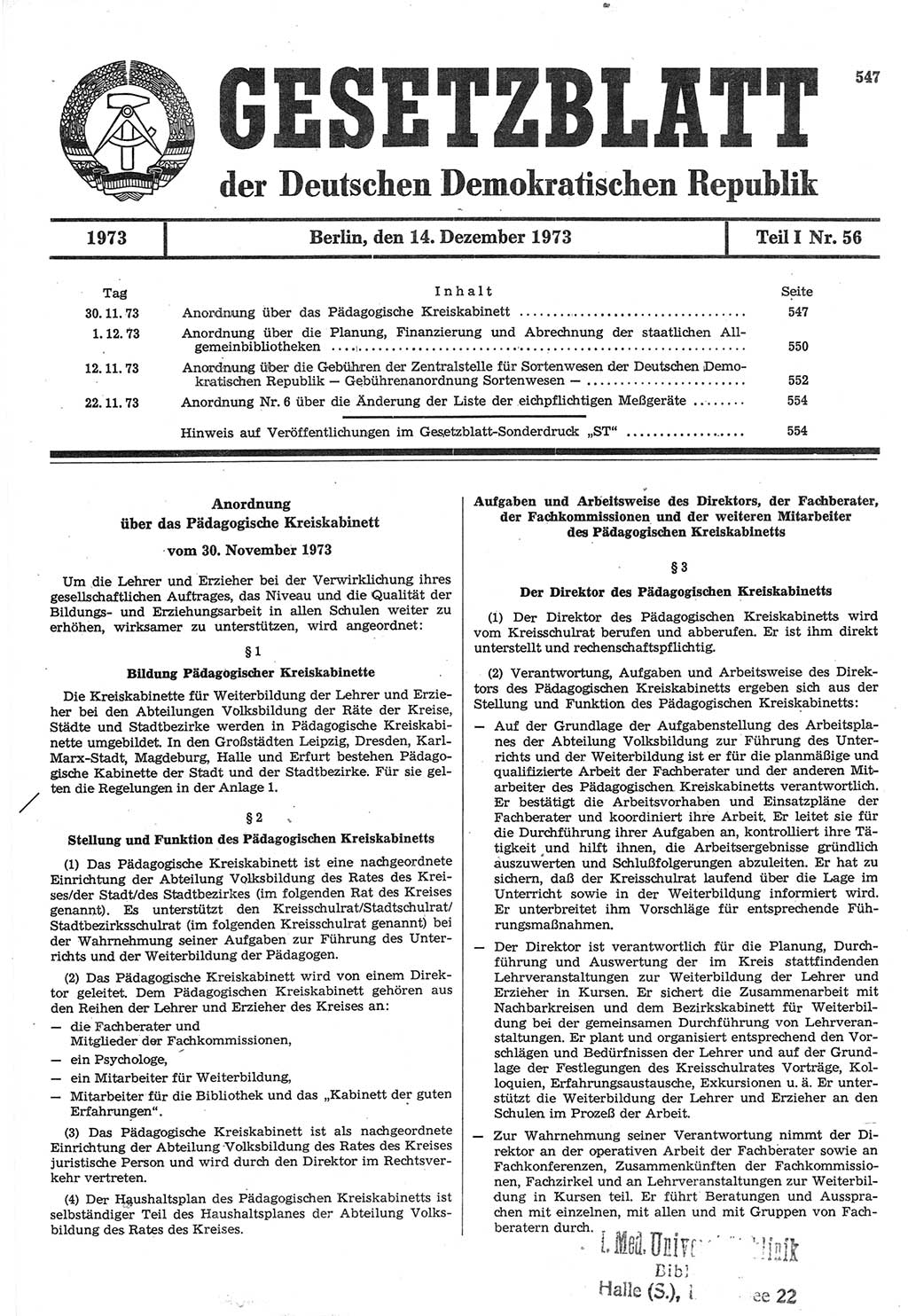 Gesetzblatt (GBl.) der Deutschen Demokratischen Republik (DDR) Teil Ⅰ 1973, Seite 547 (GBl. DDR Ⅰ 1973, S. 547)