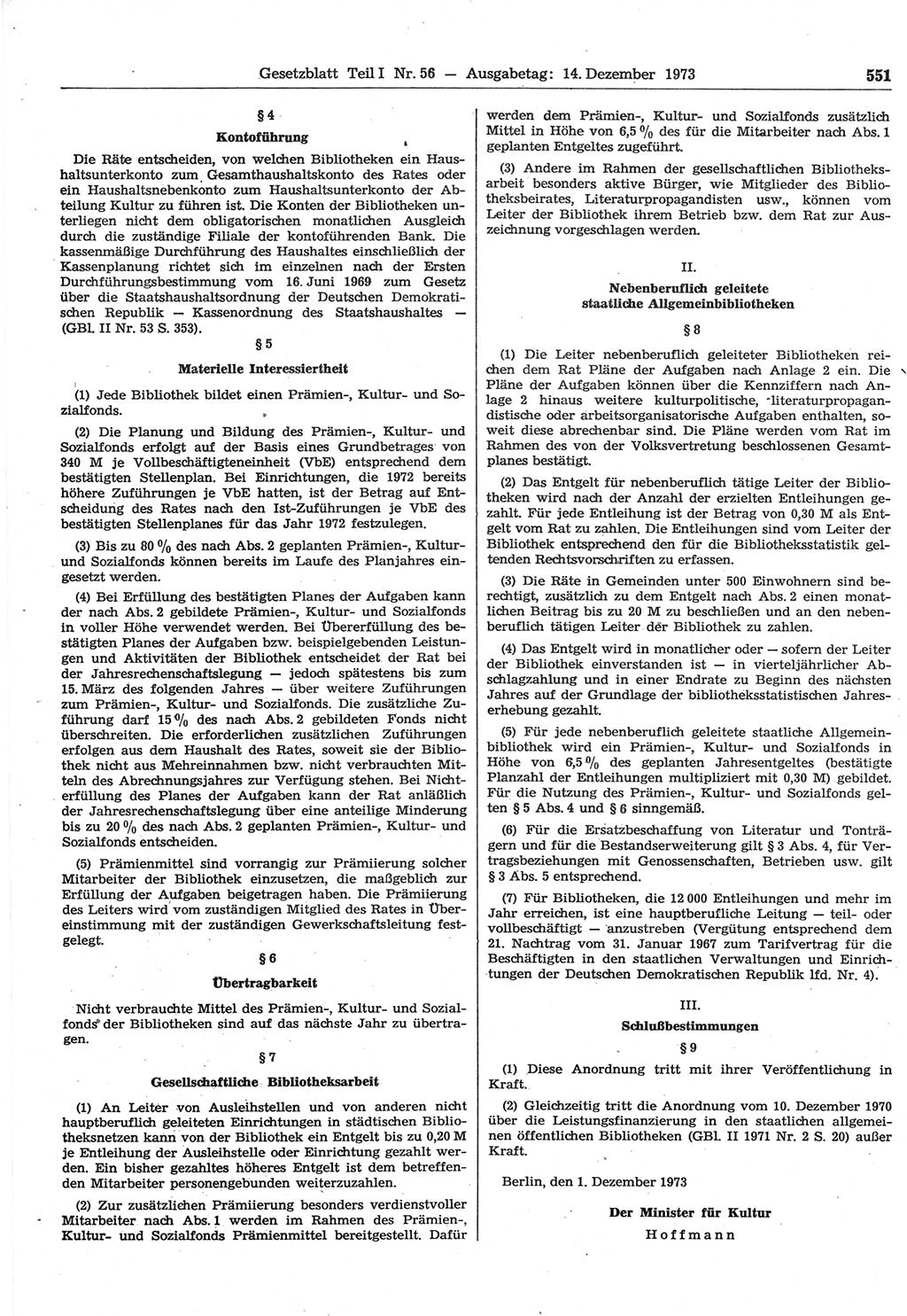 Gesetzblatt (GBl.) der Deutschen Demokratischen Republik (DDR) Teil Ⅰ 1973, Seite 551 (GBl. DDR Ⅰ 1973, S. 551)