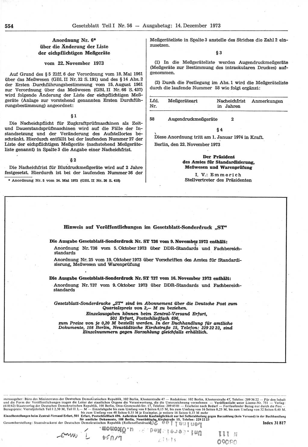 Gesetzblatt (GBl.) der Deutschen Demokratischen Republik (DDR) Teil Ⅰ 1973, Seite 554 (GBl. DDR Ⅰ 1973, S. 554)