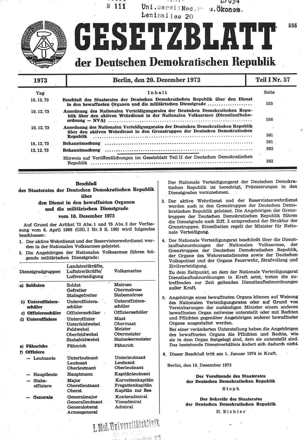 Gesetzblatt (GBl.) der Deutschen Demokratischen Republik (DDR) Teil Ⅰ 1973, Seite 555 (GBl. DDR Ⅰ 1973, S. 555)