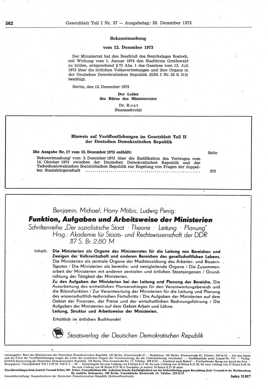 Gesetzblatt (GBl.) der Deutschen Demokratischen Republik (DDR) Teil Ⅰ 1973, Seite 562 (GBl. DDR Ⅰ 1973, S. 562)