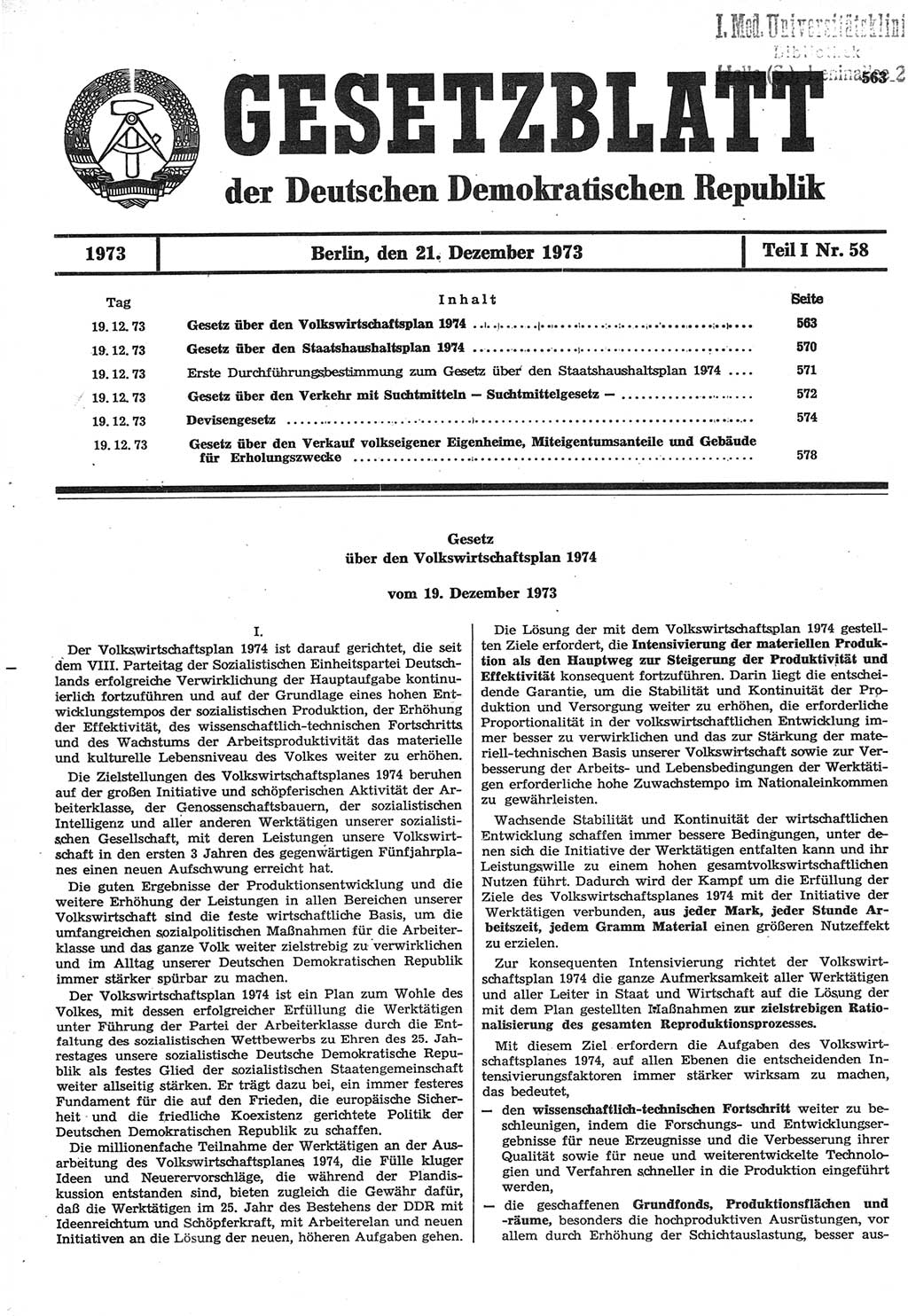 Gesetzblatt (GBl.) der Deutschen Demokratischen Republik (DDR) Teil Ⅰ 1973, Seite 563 (GBl. DDR Ⅰ 1973, S. 563)