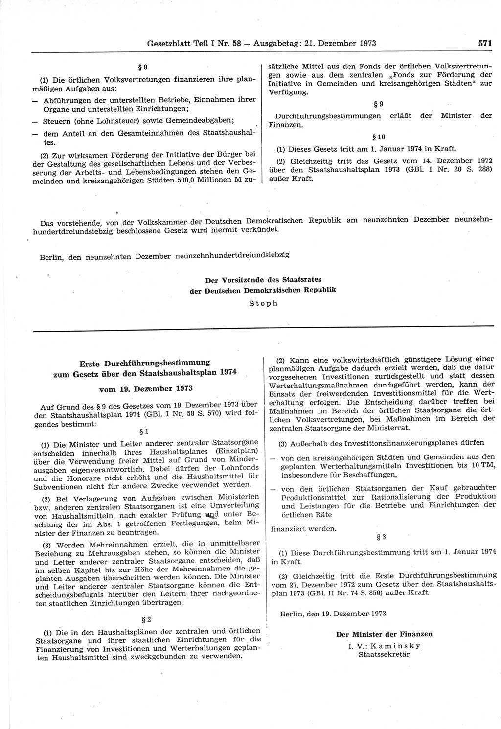 Gesetzblatt (GBl.) der Deutschen Demokratischen Republik (DDR) Teil Ⅰ 1973, Seite 571 (GBl. DDR Ⅰ 1973, S. 571)