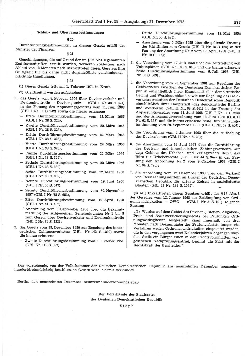 Gesetzblatt (GBl.) der Deutschen Demokratischen Republik (DDR) Teil Ⅰ 1973, Seite 577 (GBl. DDR Ⅰ 1973, S. 577)
