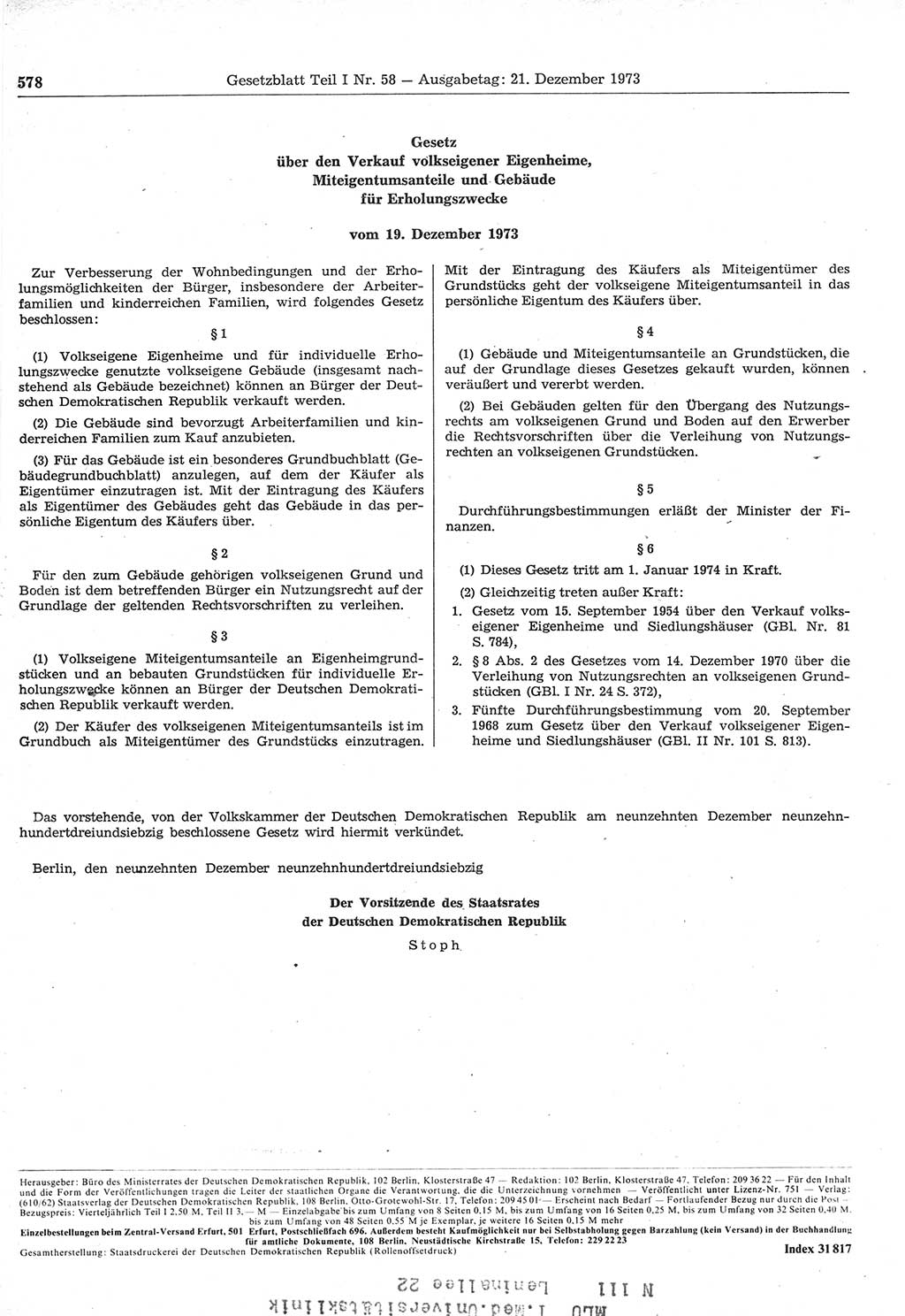 Gesetzblatt (GBl.) der Deutschen Demokratischen Republik (DDR) Teil Ⅰ 1973, Seite 578 (GBl. DDR Ⅰ 1973, S. 578)
