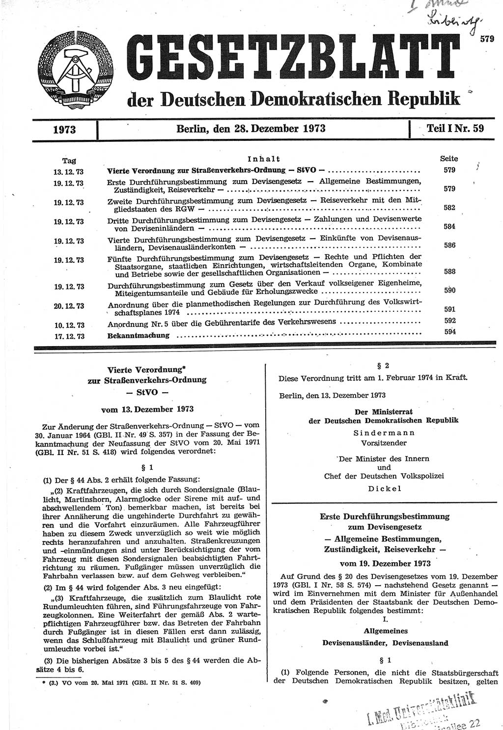Gesetzblatt (GBl.) der Deutschen Demokratischen Republik (DDR) Teil Ⅰ 1973, Seite 579 (GBl. DDR Ⅰ 1973, S. 579)