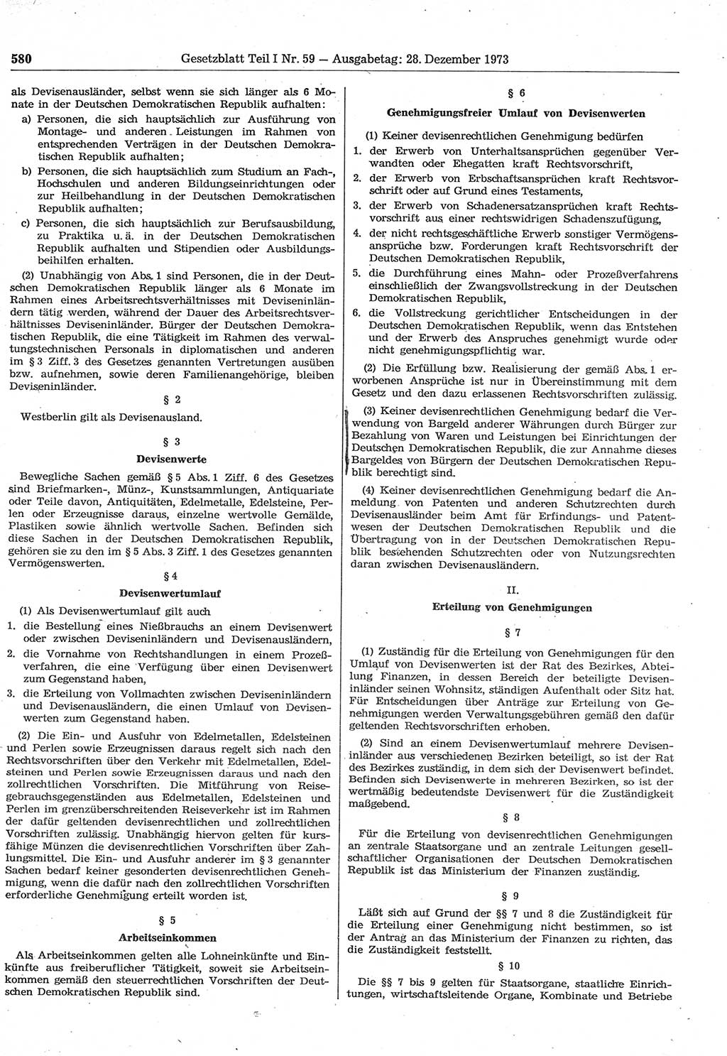 Gesetzblatt (GBl.) der Deutschen Demokratischen Republik (DDR) Teil Ⅰ 1973, Seite 580 (GBl. DDR Ⅰ 1973, S. 580)