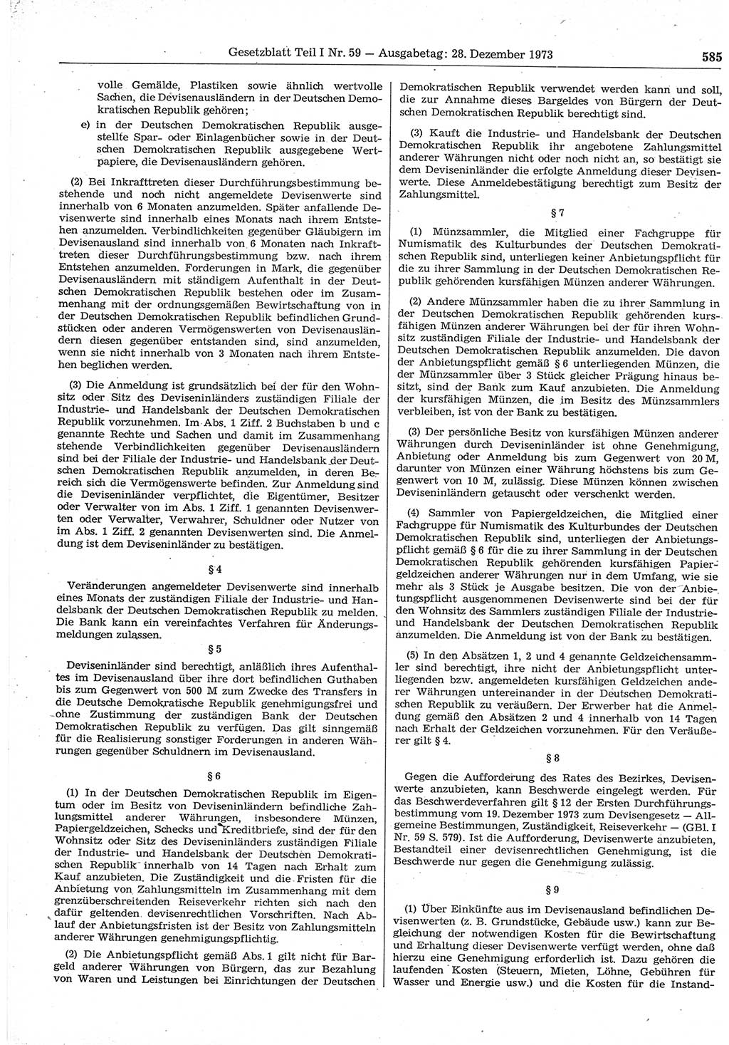 Gesetzblatt (GBl.) der Deutschen Demokratischen Republik (DDR) Teil Ⅰ 1973, Seite 585 (GBl. DDR Ⅰ 1973, S. 585)