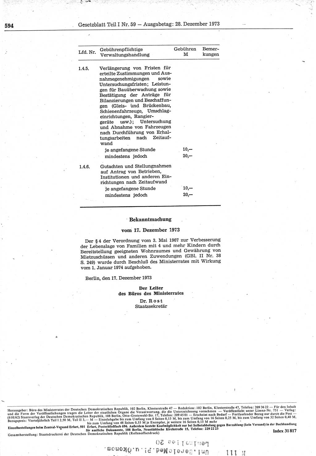 Gesetzblatt (GBl.) der Deutschen Demokratischen Republik (DDR) Teil Ⅰ 1973, Seite 594 (GBl. DDR Ⅰ 1973, S. 594)