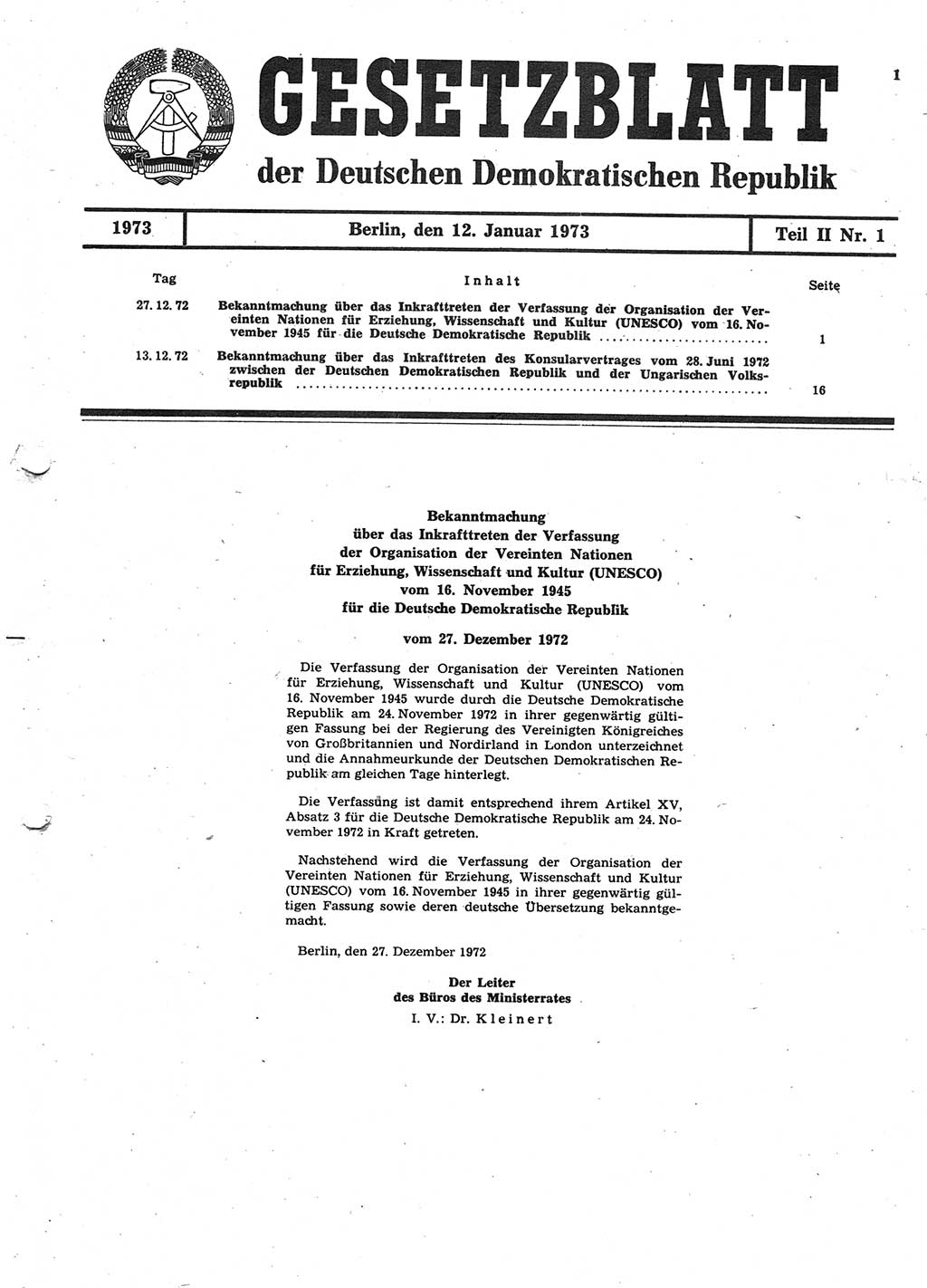 Gesetzblatt (GBl.) der Deutschen Demokratischen Republik (DDR) Teil ⅠⅠ 1973, Seite 1 (GBl. DDR ⅠⅠ 1973, S. 1)