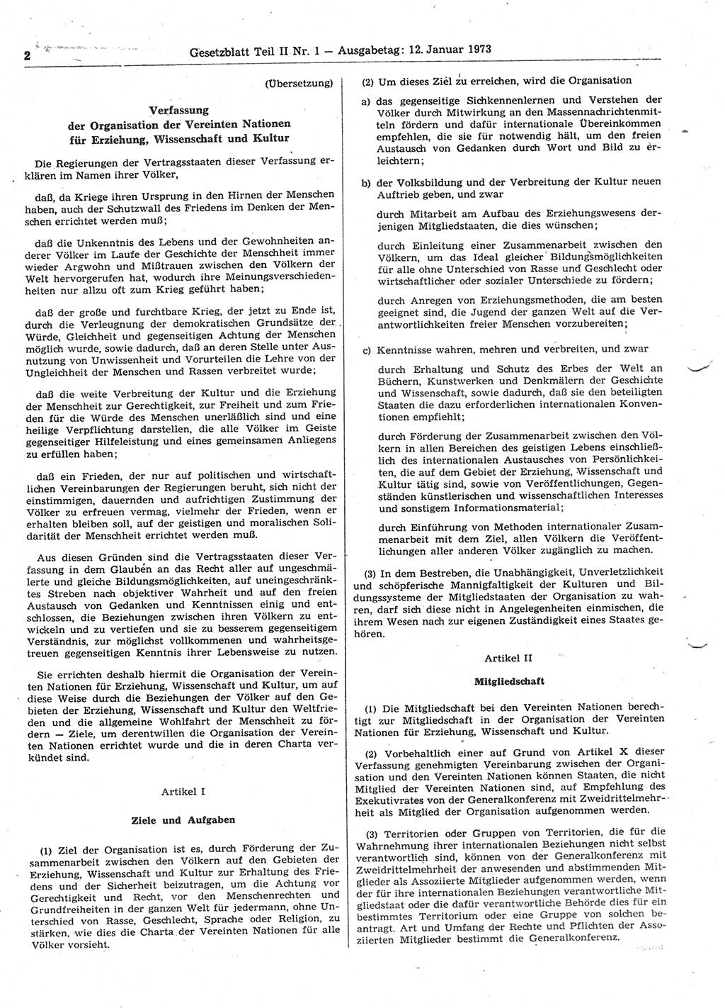 Gesetzblatt (GBl.) der Deutschen Demokratischen Republik (DDR) Teil ⅠⅠ 1973, Seite 2 (GBl. DDR ⅠⅠ 1973, S. 2)