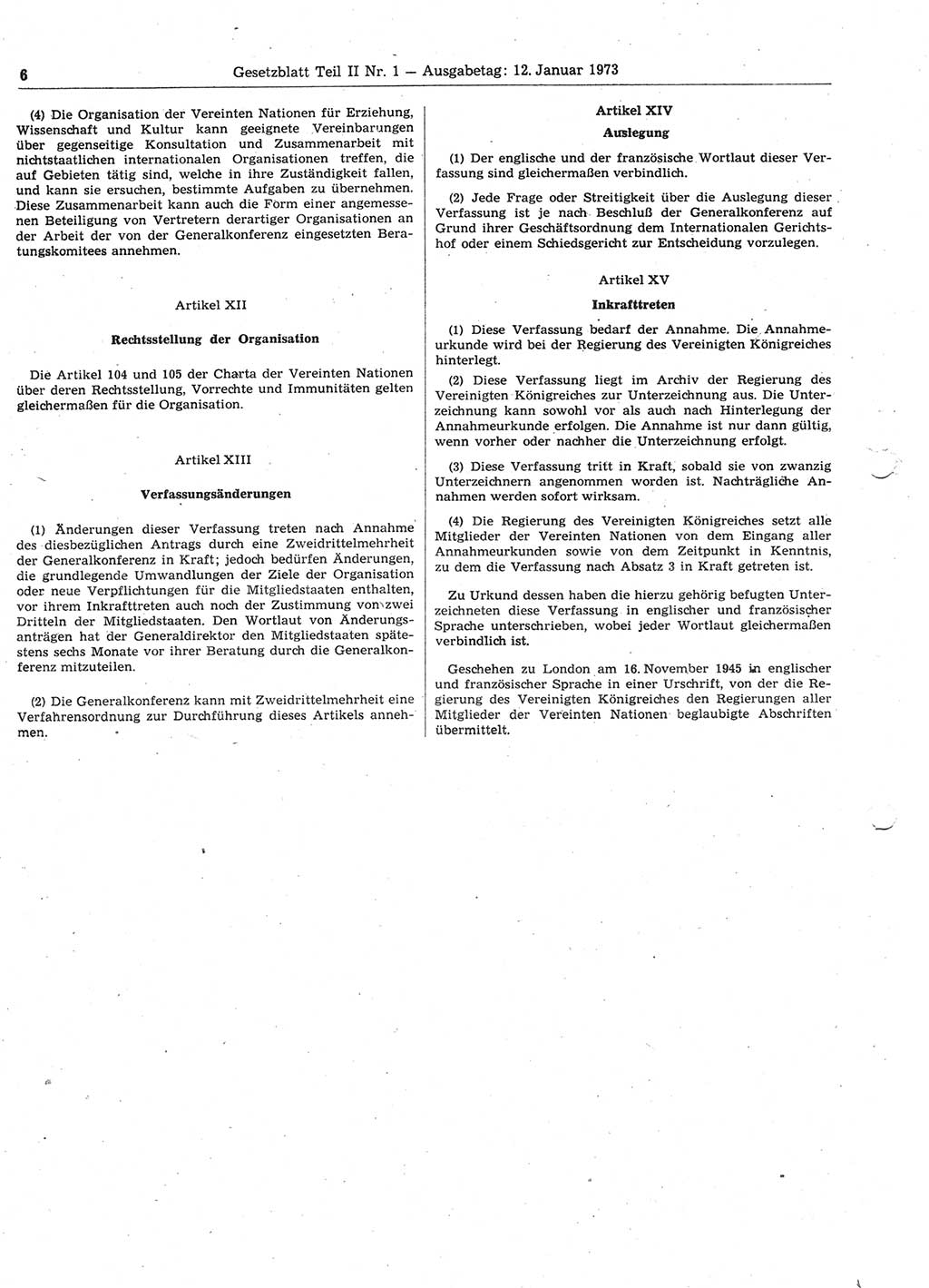 Gesetzblatt (GBl.) der Deutschen Demokratischen Republik (DDR) Teil ⅠⅠ 1973, Seite 6 (GBl. DDR ⅠⅠ 1973, S. 6)