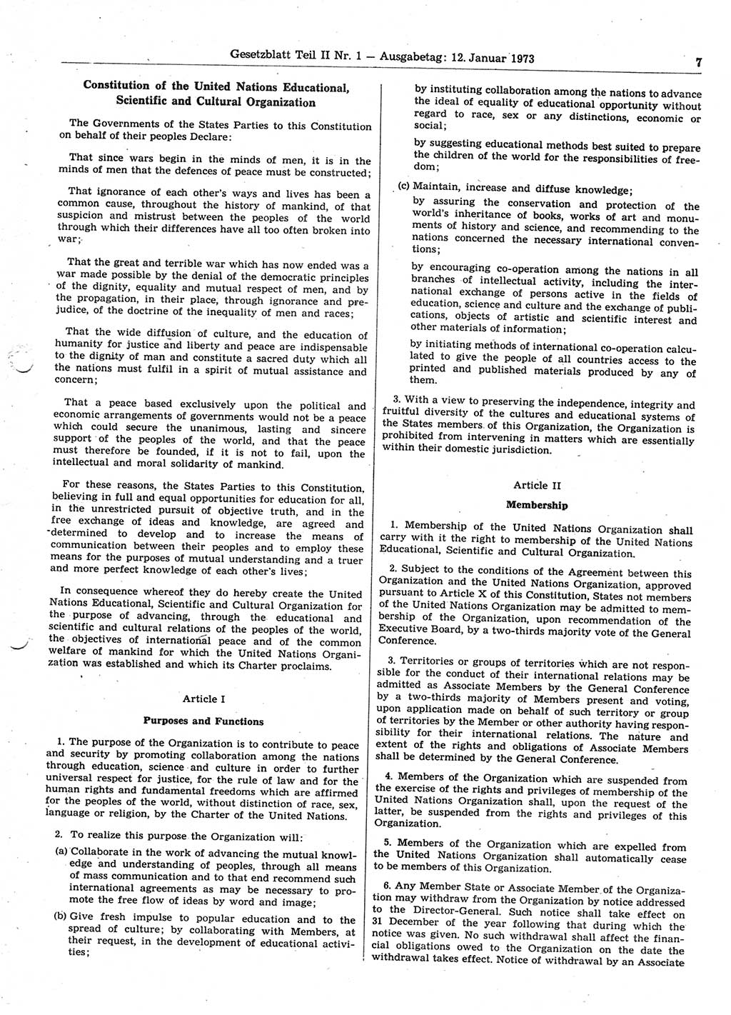 Gesetzblatt (GBl.) der Deutschen Demokratischen Republik (DDR) Teil ⅠⅠ 1973, Seite 7 (GBl. DDR ⅠⅠ 1973, S. 7)