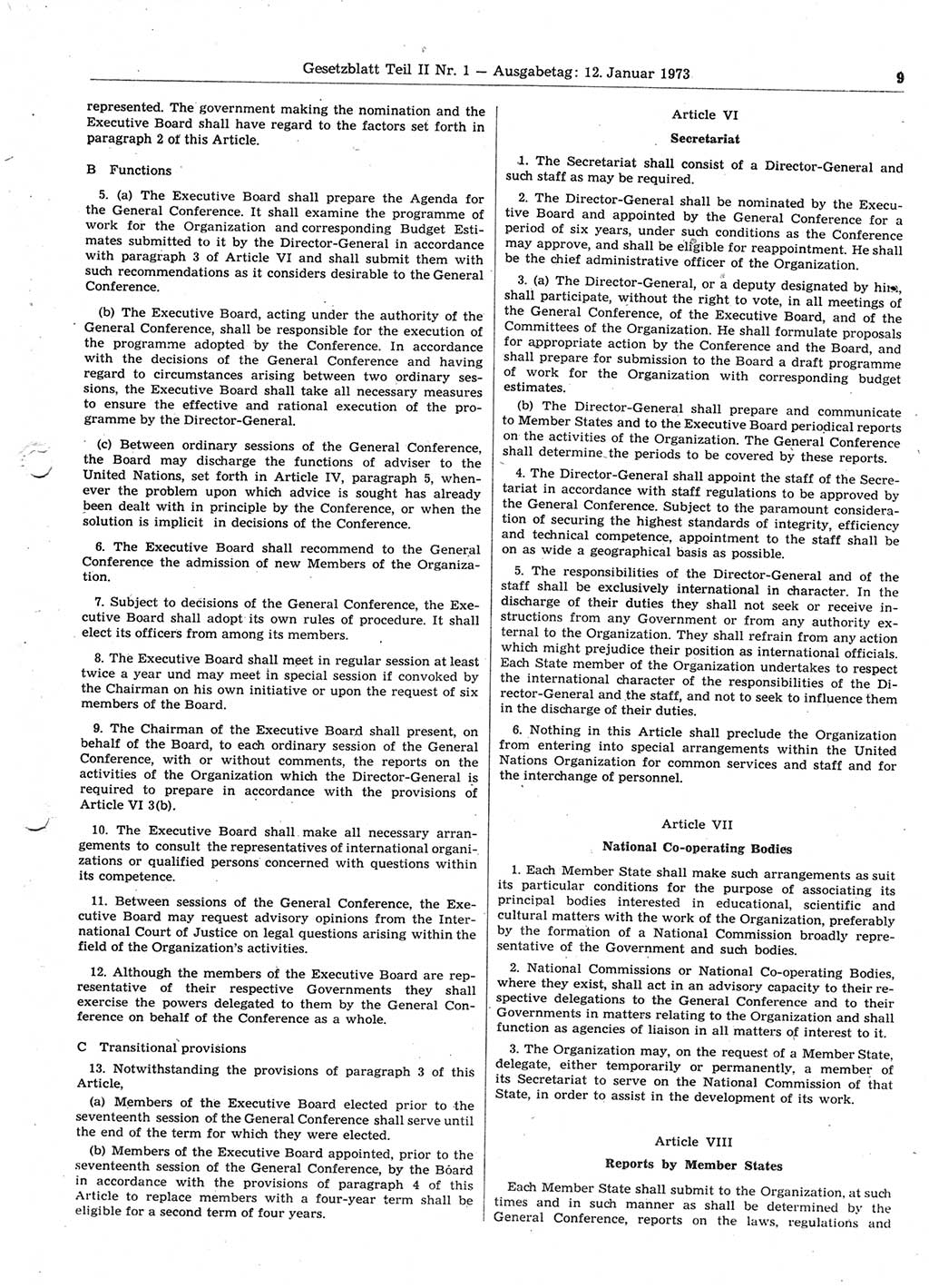 Gesetzblatt (GBl.) der Deutschen Demokratischen Republik (DDR) Teil ⅠⅠ 1973, Seite 9 (GBl. DDR ⅠⅠ 1973, S. 9)