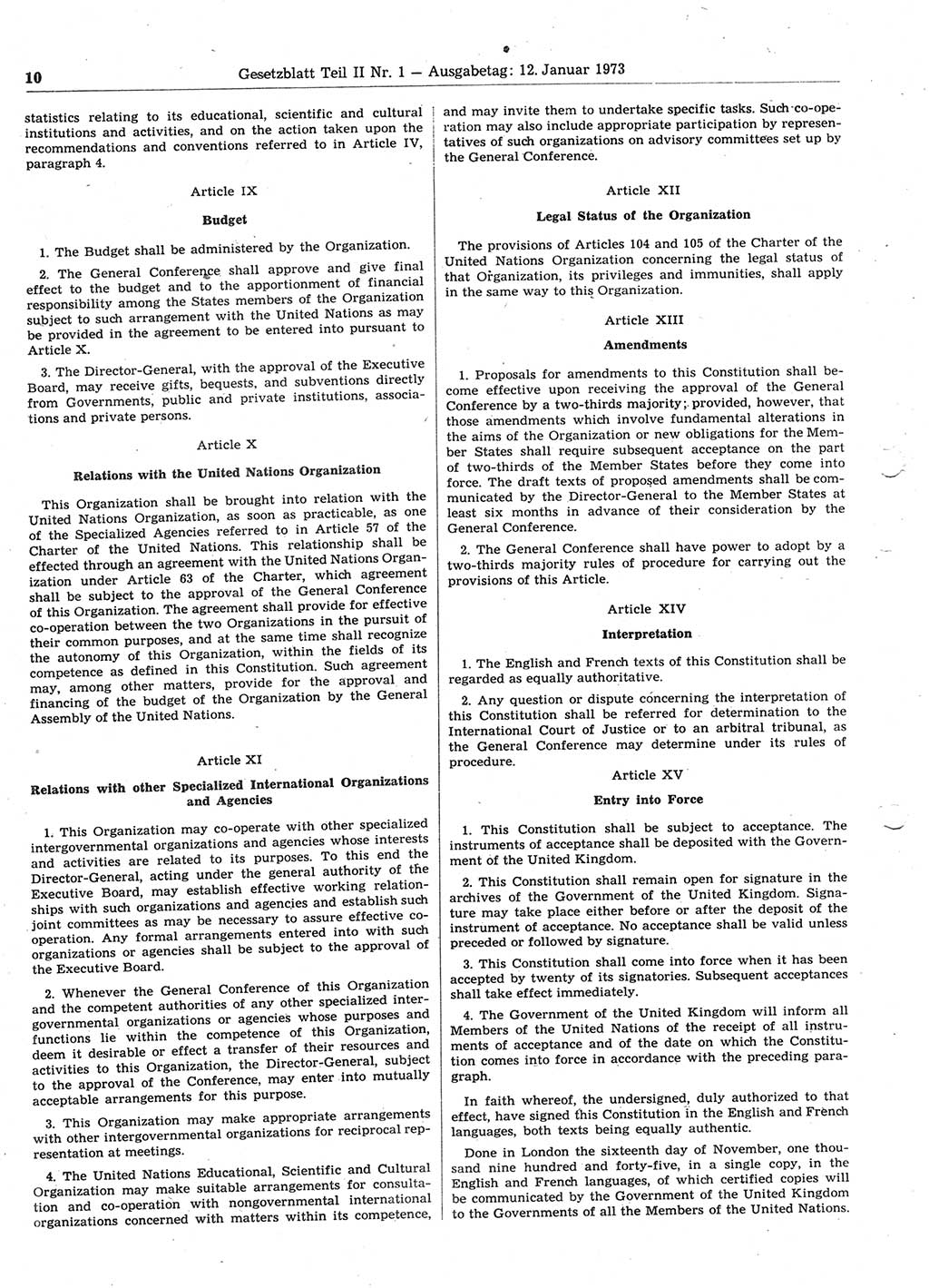 Gesetzblatt (GBl.) der Deutschen Demokratischen Republik (DDR) Teil ⅠⅠ 1973, Seite 10 (GBl. DDR ⅠⅠ 1973, S. 10)