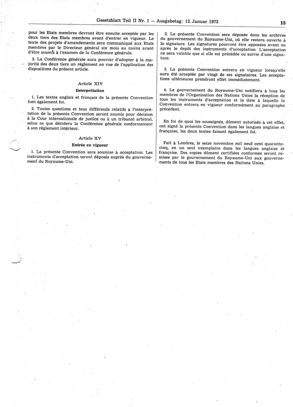 Gesetzblatt (GBl.) der Deutschen Demokratischen Republik (DDR) Teil ⅠⅠ 1973, Seite 15 (GBl. DDR ⅠⅠ 1973, S. 15)