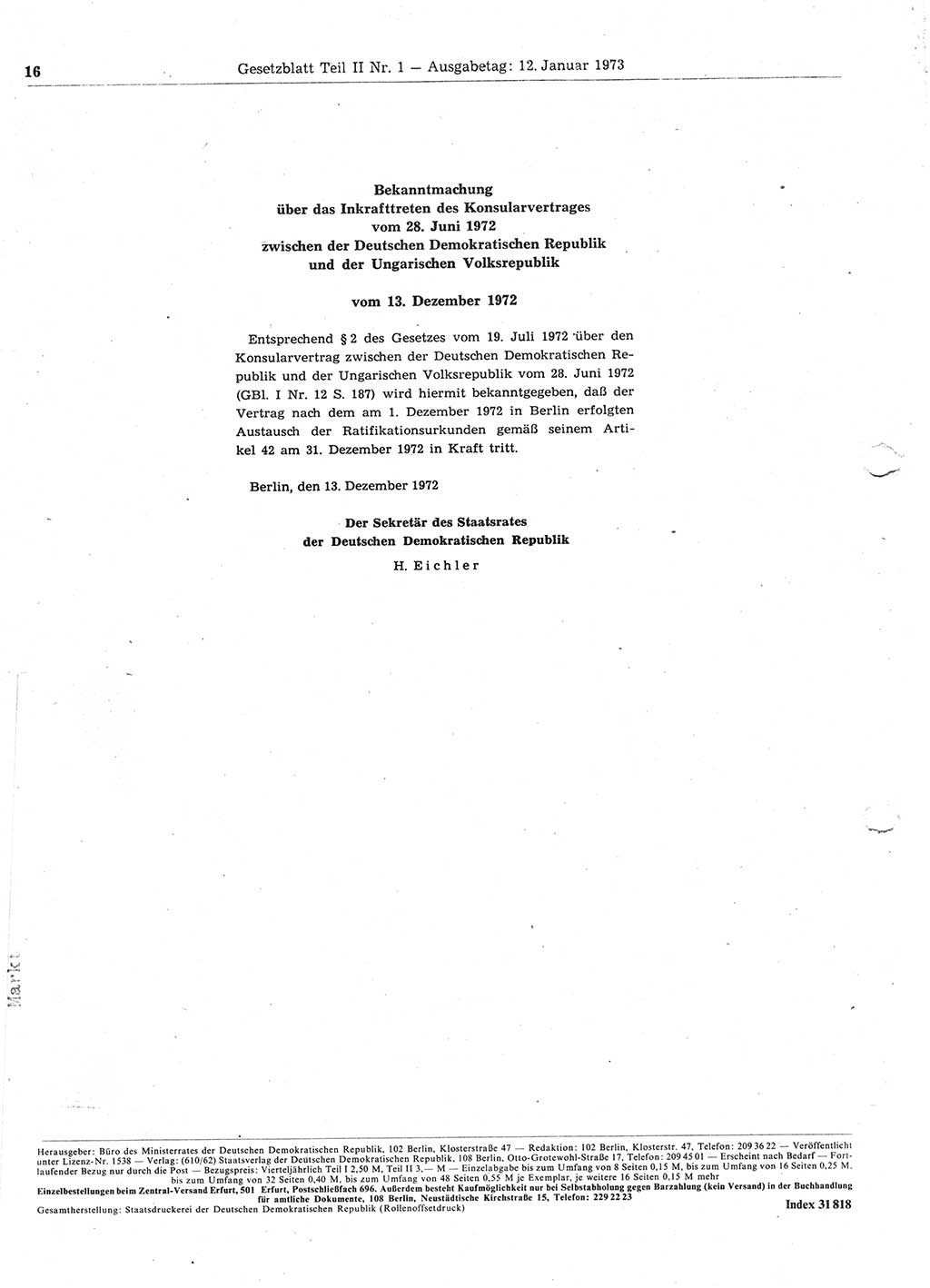 Gesetzblatt (GBl.) der Deutschen Demokratischen Republik (DDR) Teil ⅠⅠ 1973, Seite 16 (GBl. DDR ⅠⅠ 1973, S. 16)
