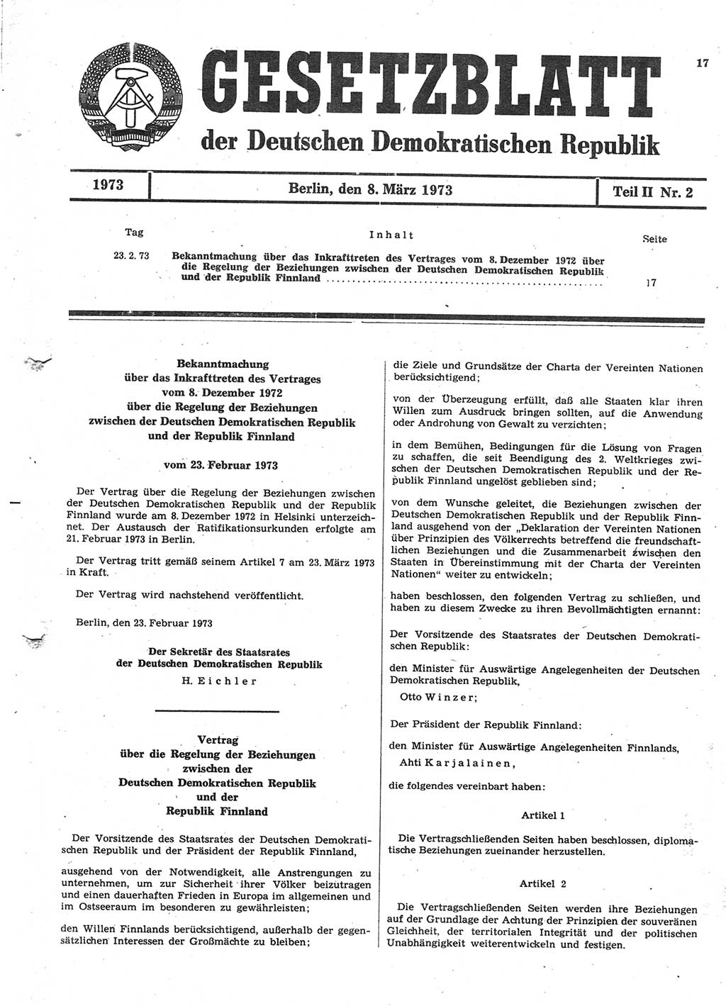 Gesetzblatt (GBl.) der Deutschen Demokratischen Republik (DDR) Teil ⅠⅠ 1973, Seite 17 (GBl. DDR ⅠⅠ 1973, S. 17)