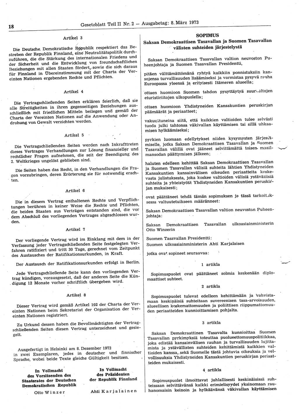 Gesetzblatt (GBl.) der Deutschen Demokratischen Republik (DDR) Teil ⅠⅠ 1973, Seite 18 (GBl. DDR ⅠⅠ 1973, S. 18)