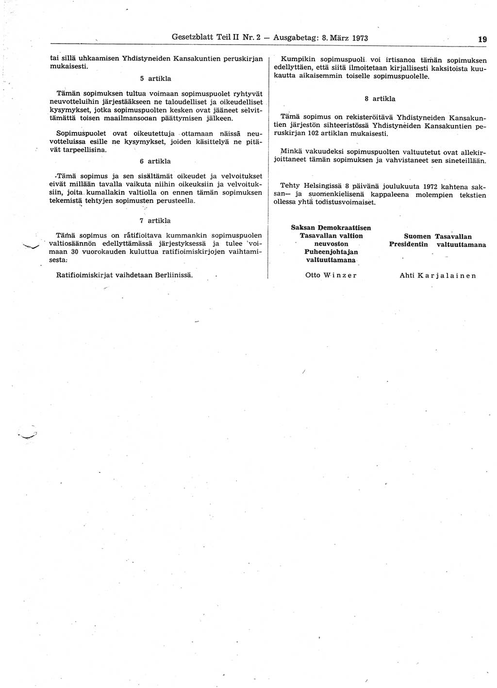 Gesetzblatt (GBl.) der Deutschen Demokratischen Republik (DDR) Teil ⅠⅠ 1973, Seite 19 (GBl. DDR ⅠⅠ 1973, S. 19)