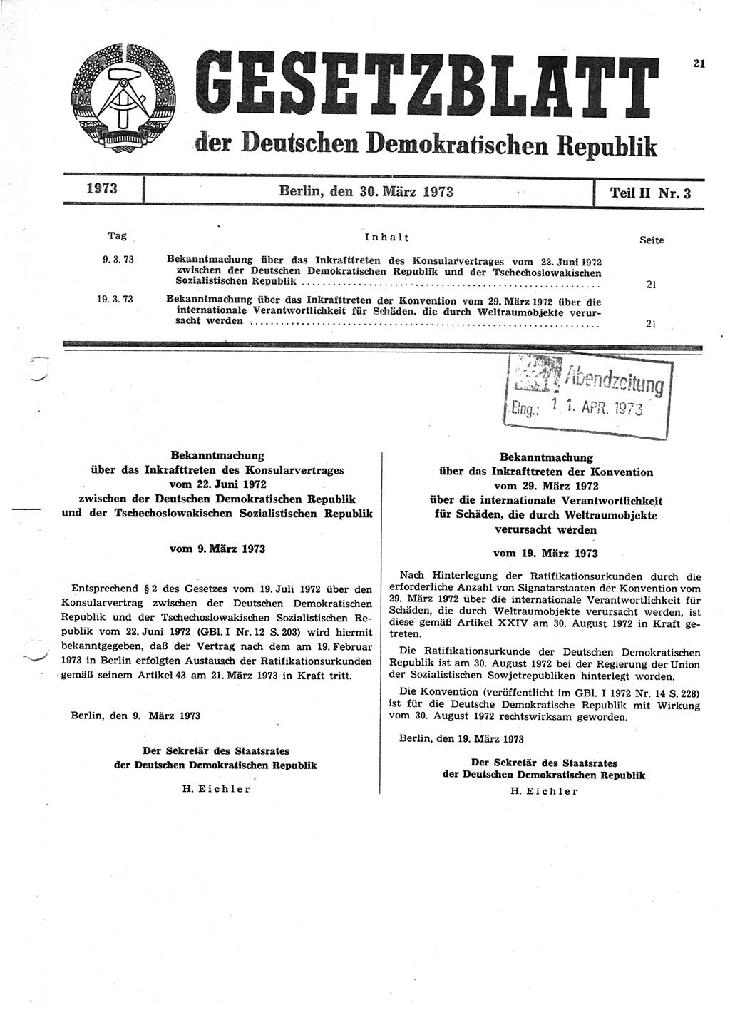 Gesetzblatt (GBl.) der Deutschen Demokratischen Republik (DDR) Teil ⅠⅠ 1973, Seite 21 (GBl. DDR ⅠⅠ 1973, S. 21)