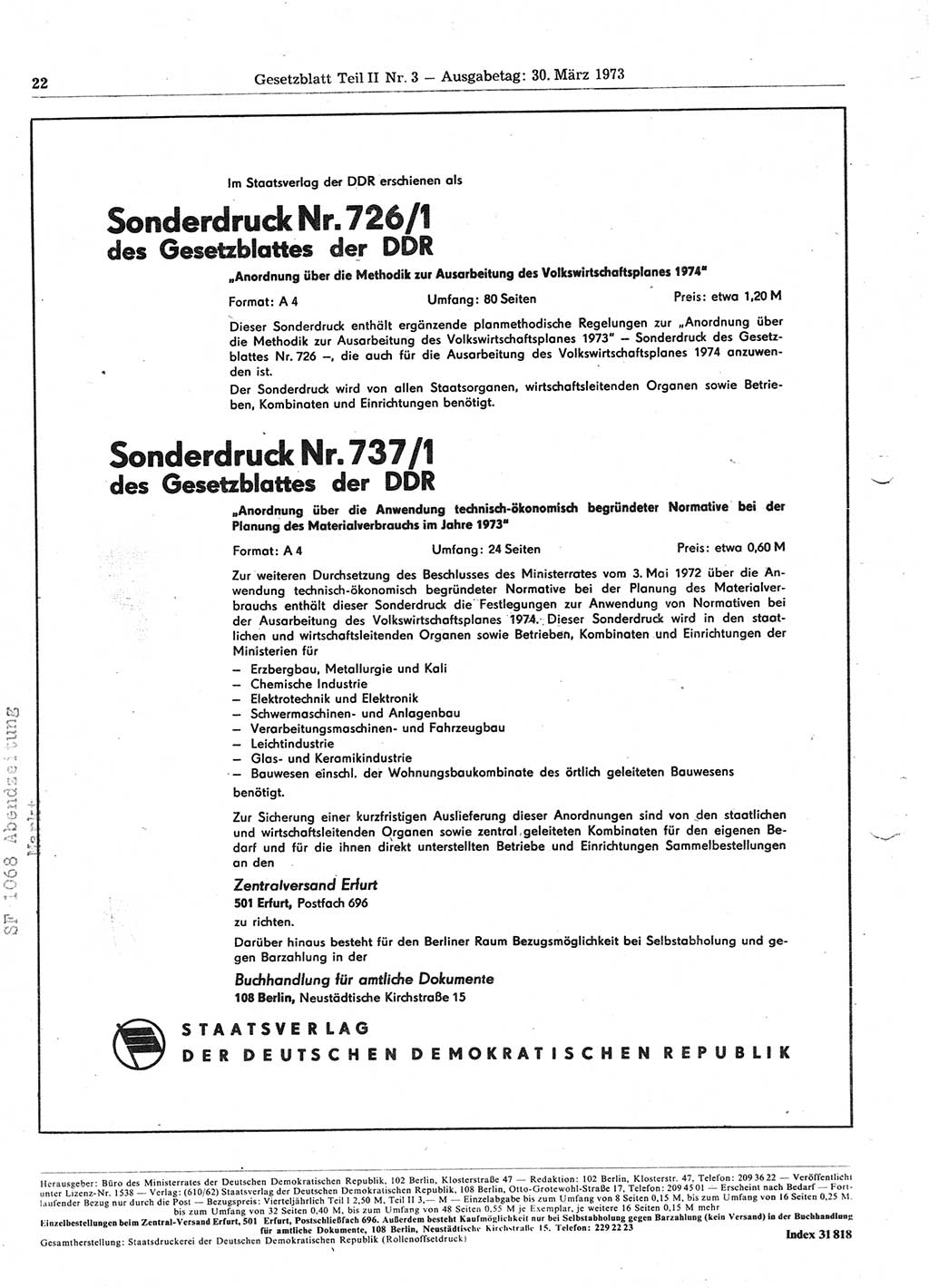 Gesetzblatt (GBl.) der Deutschen Demokratischen Republik (DDR) Teil ⅠⅠ 1973, Seite 22 (GBl. DDR ⅠⅠ 1973, S. 22)