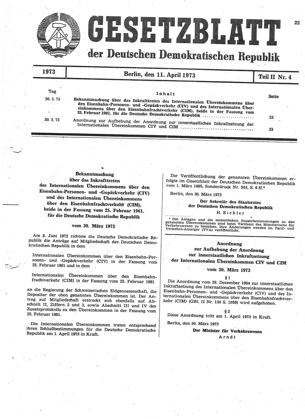 Gesetzblatt (GBl.) der Deutschen Demokratischen Republik (DDR) Teil ⅠⅠ 1973, Seite 23 (GBl. DDR ⅠⅠ 1973, S. 23)