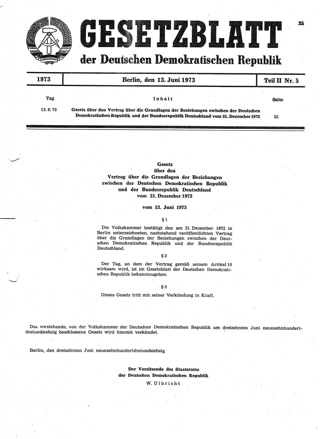 Gesetzblatt (GBl.) der Deutschen Demokratischen Republik (DDR) Teil ⅠⅠ 1973, Seite 25 (GBl. DDR ⅠⅠ 1973, S. 25)