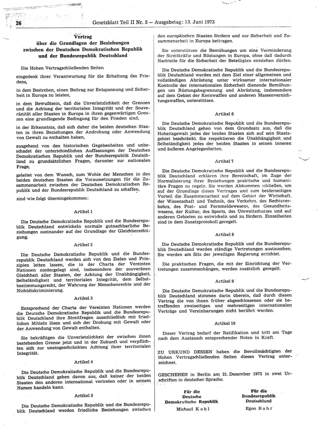 Gesetzblatt (GBl.) der Deutschen Demokratischen Republik (DDR) Teil ⅠⅠ 1973, Seite 26 (GBl. DDR ⅠⅠ 1973, S. 26)