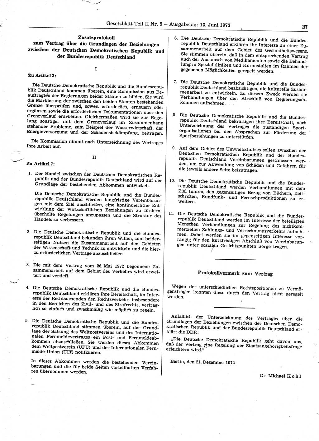 Gesetzblatt (GBl.) der Deutschen Demokratischen Republik (DDR) Teil ⅠⅠ 1973, Seite 27 (GBl. DDR ⅠⅠ 1973, S. 27)