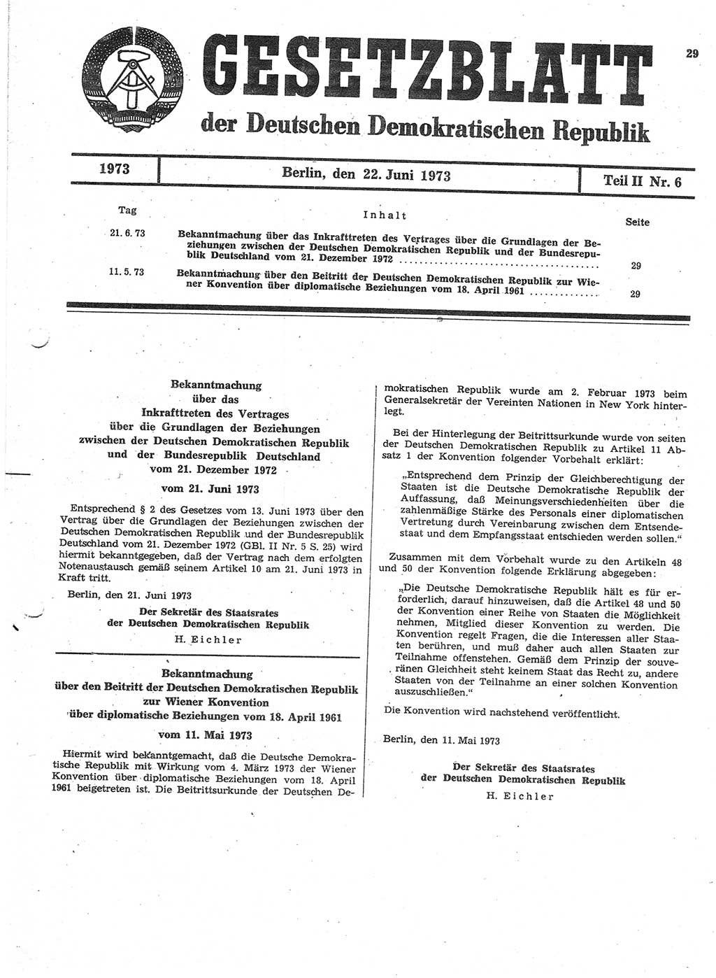 Gesetzblatt (GBl.) der Deutschen Demokratischen Republik (DDR) Teil ⅠⅠ 1973, Seite 29 (GBl. DDR ⅠⅠ 1973, S. 29)