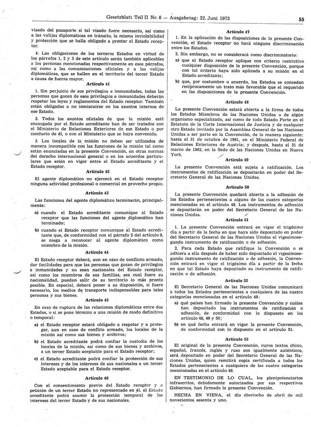 Gesetzblatt (GBl.) der Deutschen Demokratischen Republik (DDR) Teil ⅠⅠ 1973, Seite 55 (GBl. DDR ⅠⅠ 1973, S. 55)