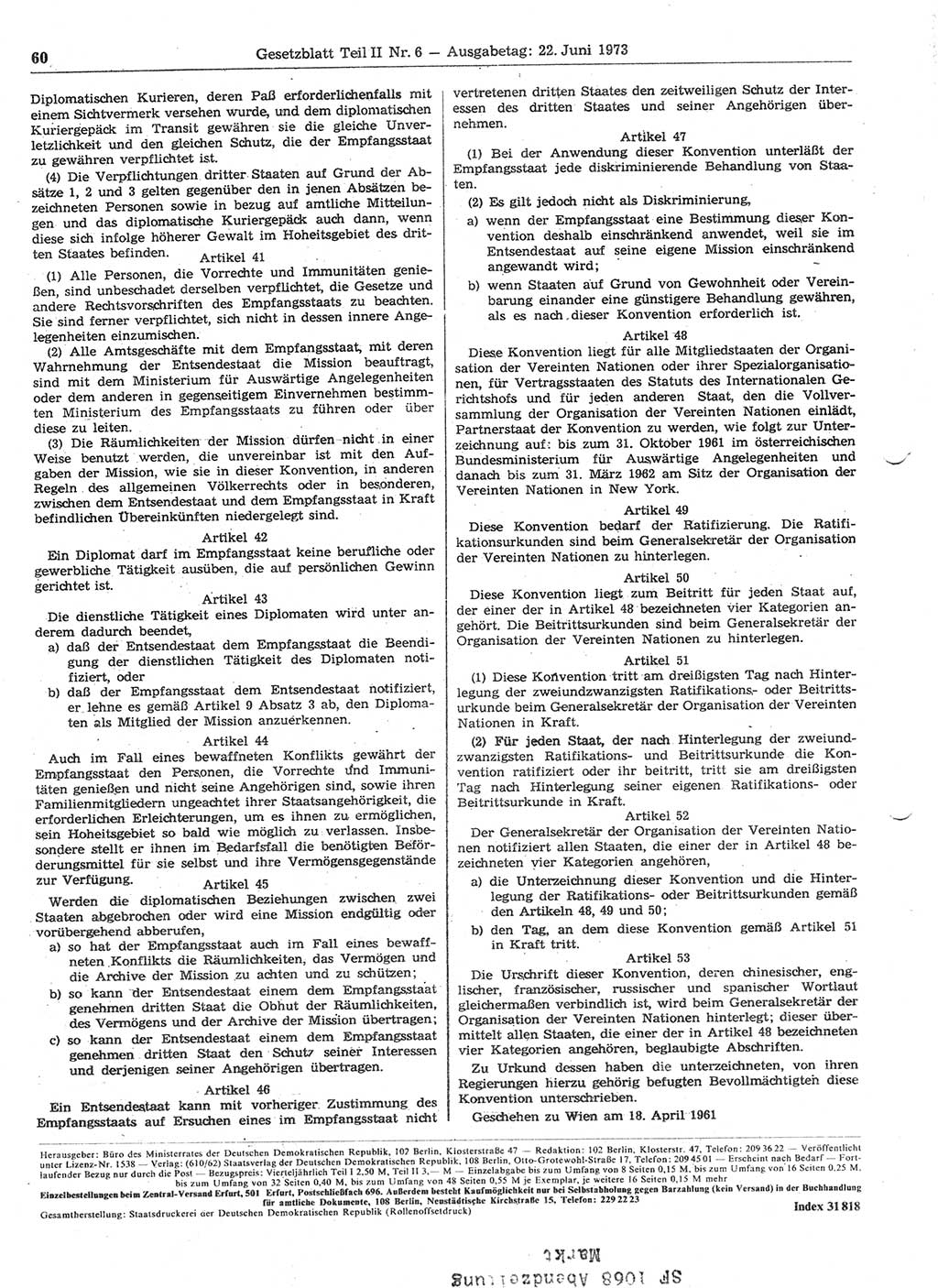 Gesetzblatt (GBl.) der Deutschen Demokratischen Republik (DDR) Teil ⅠⅠ 1973, Seite 60 (GBl. DDR ⅠⅠ 1973, S. 60)