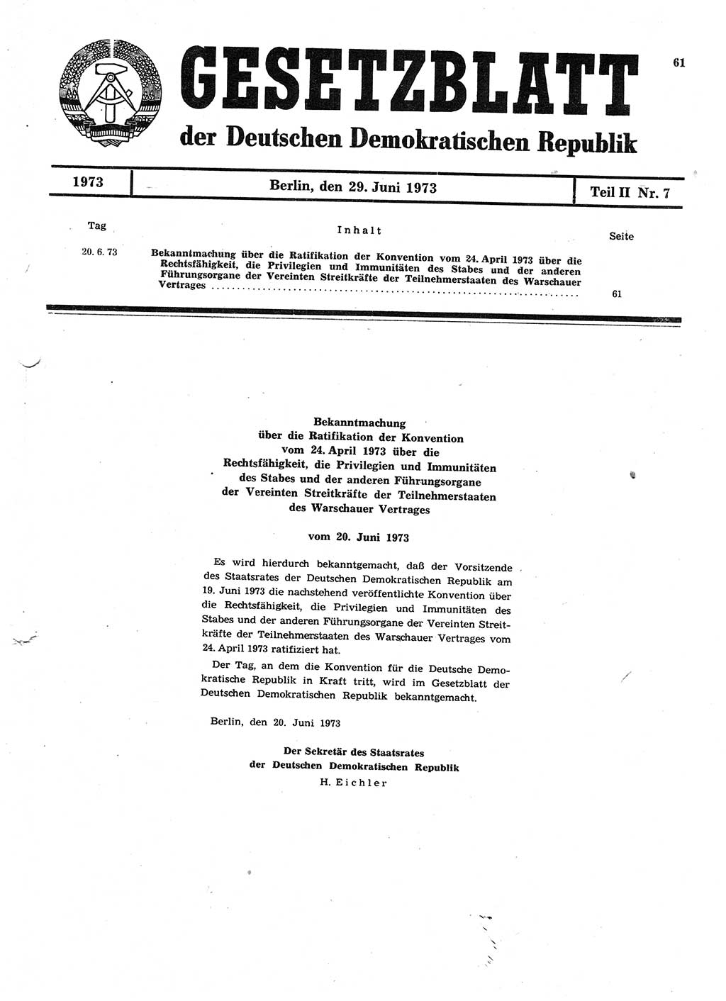 Gesetzblatt (GBl.) der Deutschen Demokratischen Republik (DDR) Teil ⅠⅠ 1973, Seite 61 (GBl. DDR ⅠⅠ 1973, S. 61)