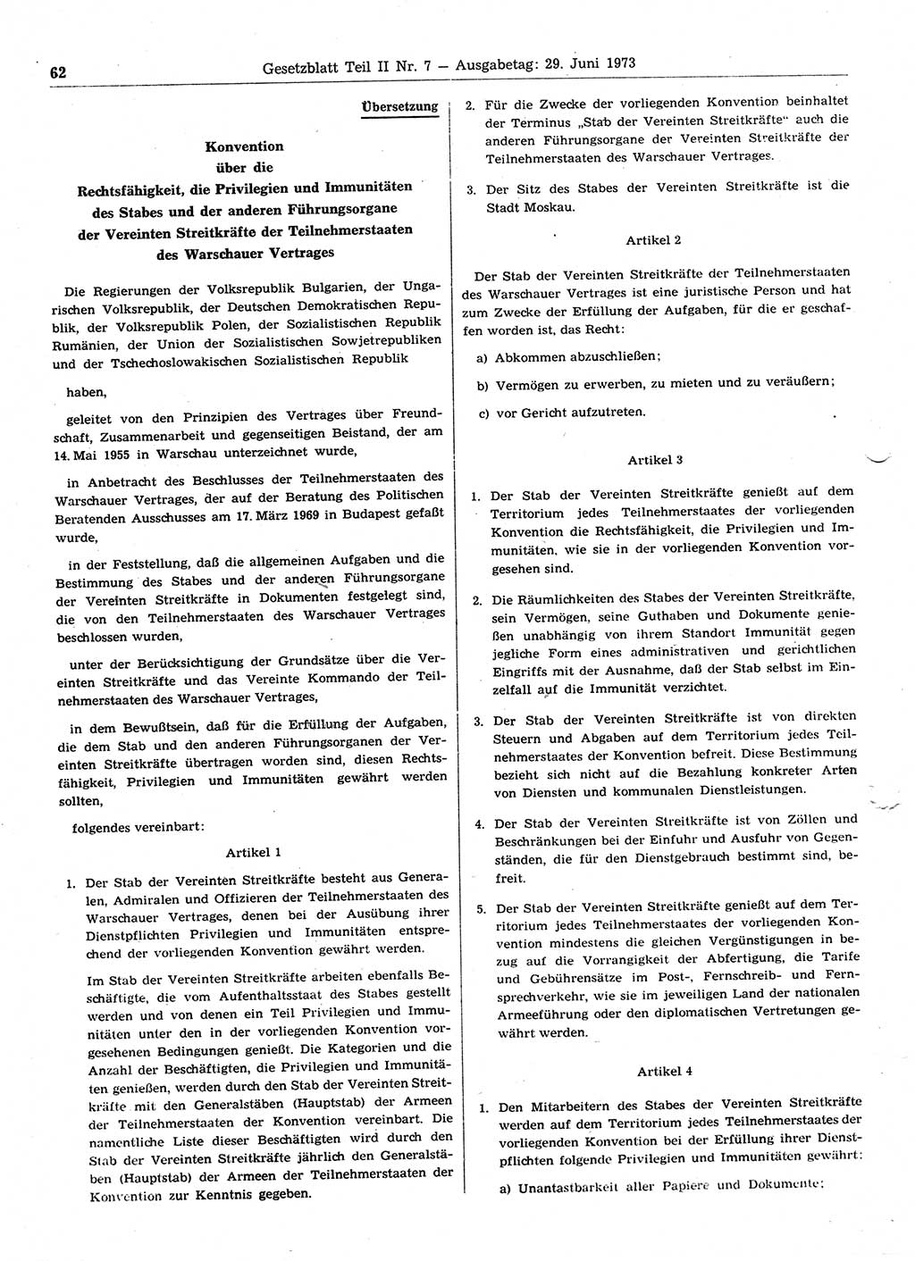 Gesetzblatt (GBl.) der Deutschen Demokratischen Republik (DDR) Teil ⅠⅠ 1973, Seite 62 (GBl. DDR ⅠⅠ 1973, S. 62)