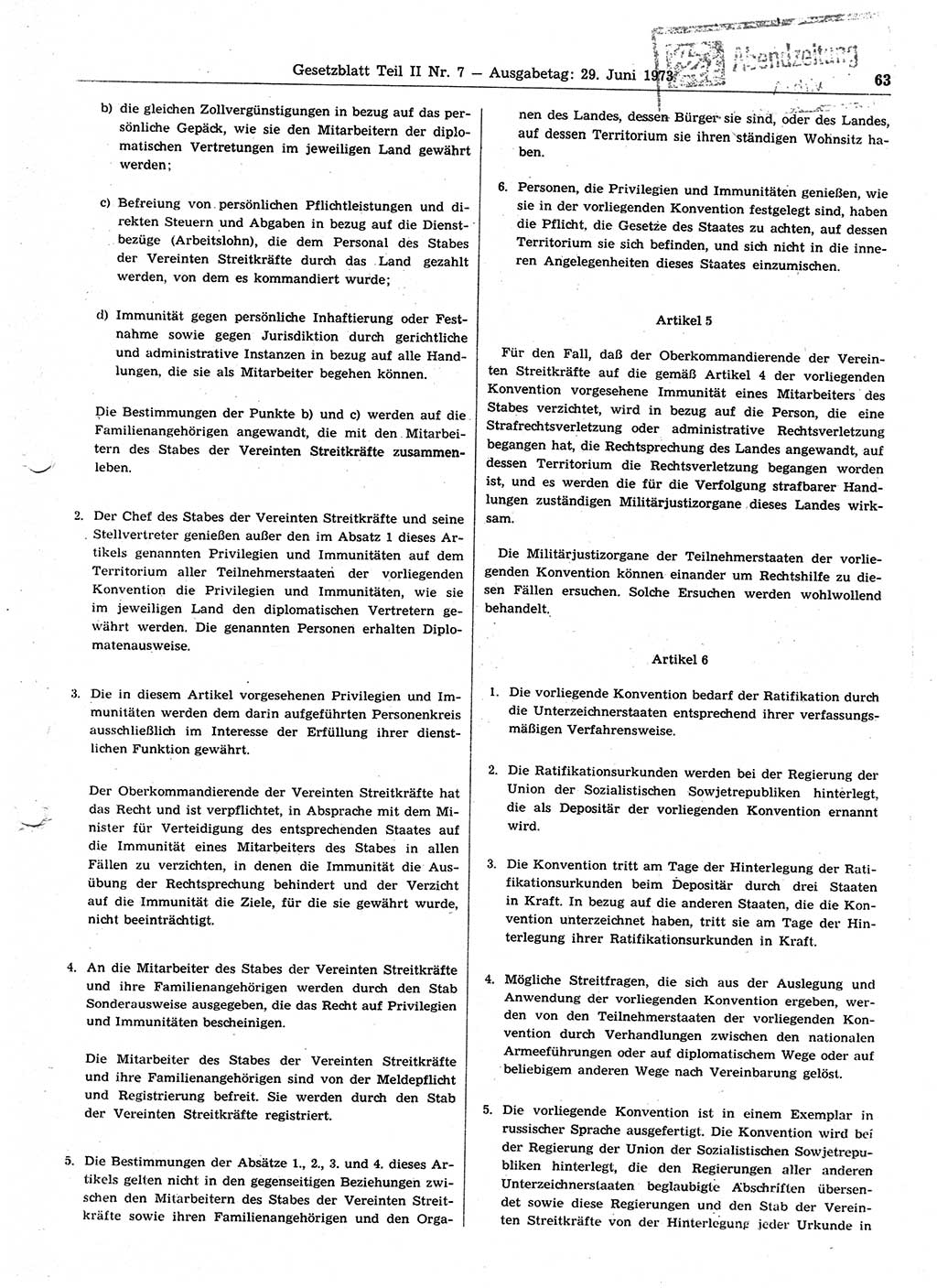 Gesetzblatt (GBl.) der Deutschen Demokratischen Republik (DDR) Teil ⅠⅠ 1973, Seite 63 (GBl. DDR ⅠⅠ 1973, S. 63)