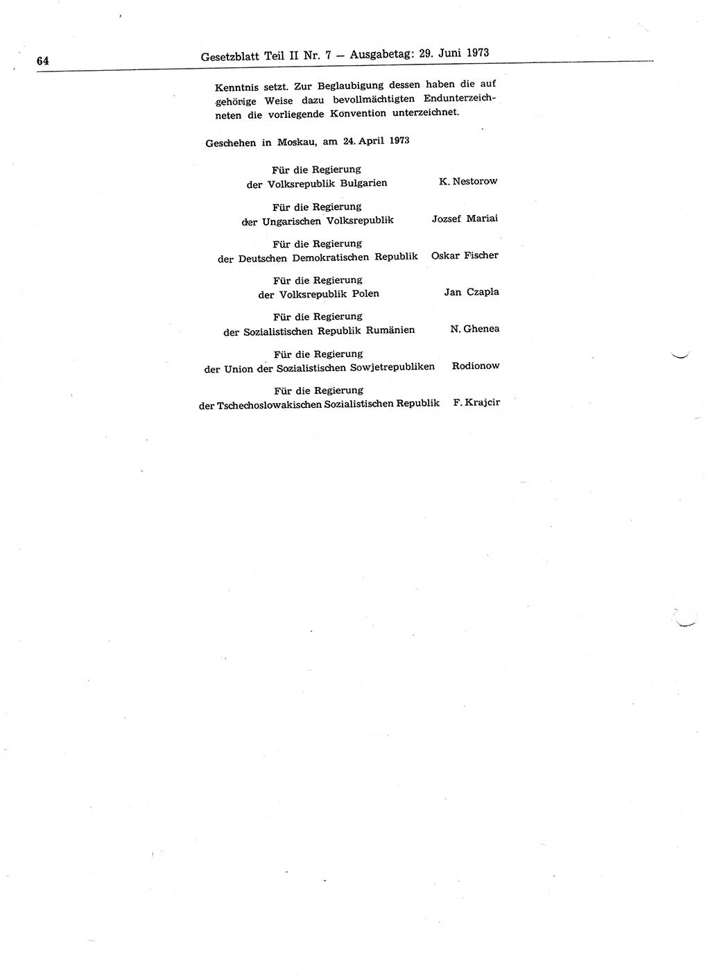 Gesetzblatt (GBl.) der Deutschen Demokratischen Republik (DDR) Teil ⅠⅠ 1973, Seite 64 (GBl. DDR ⅠⅠ 1973, S. 64)