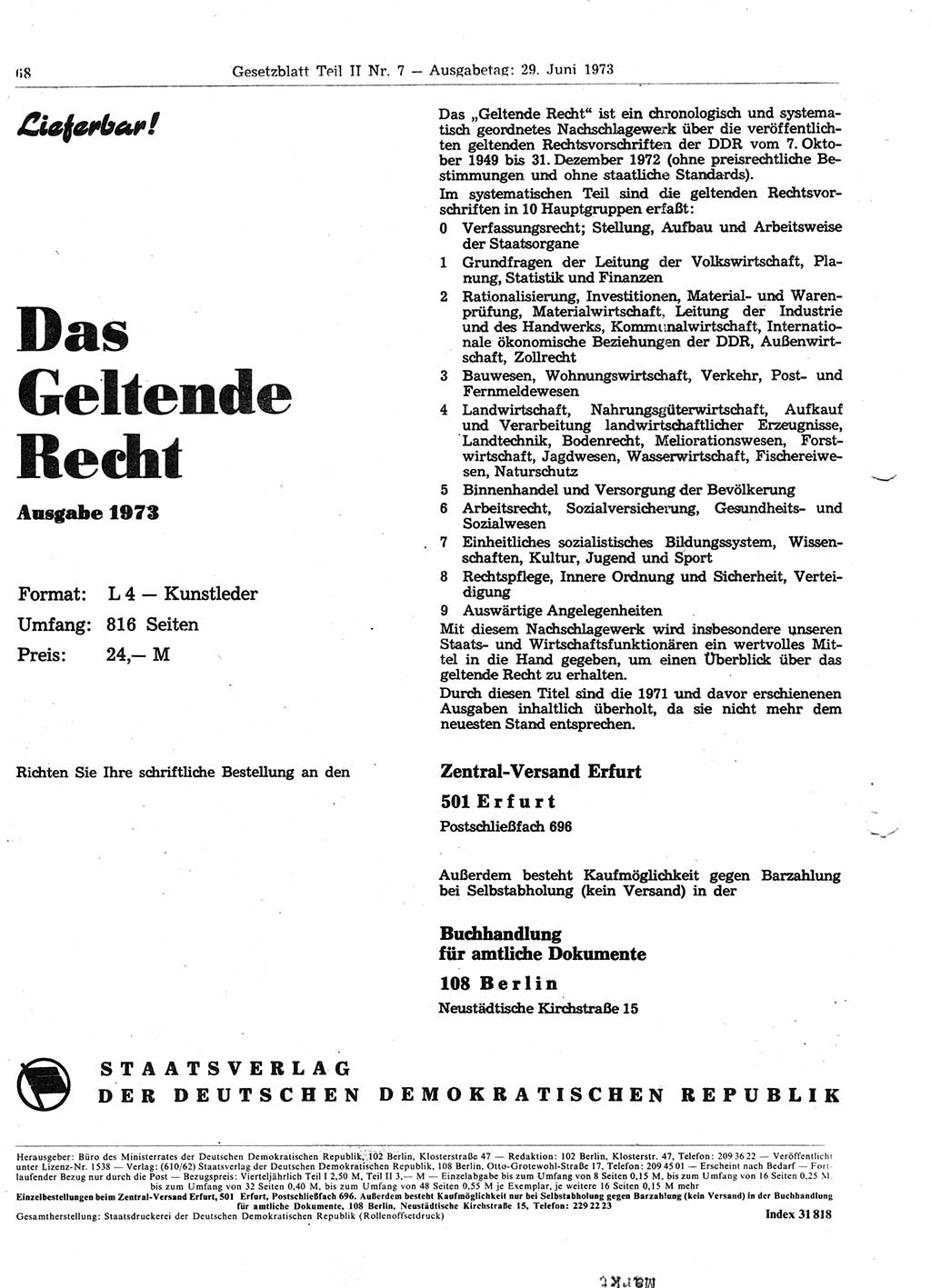 Gesetzblatt (GBl.) der Deutschen Demokratischen Republik (DDR) Teil ⅠⅠ 1973, Seite 68 (GBl. DDR ⅠⅠ 1973, S. 68)