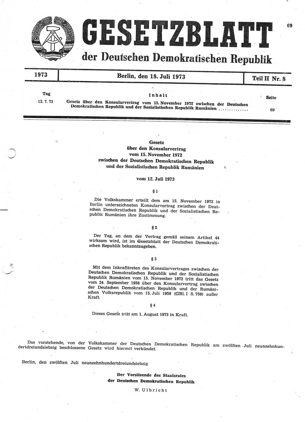 Gesetzblatt (GBl.) der Deutschen Demokratischen Republik (DDR) Teil ⅠⅠ 1973, Seite 69 (GBl. DDR ⅠⅠ 1973, S. 69)