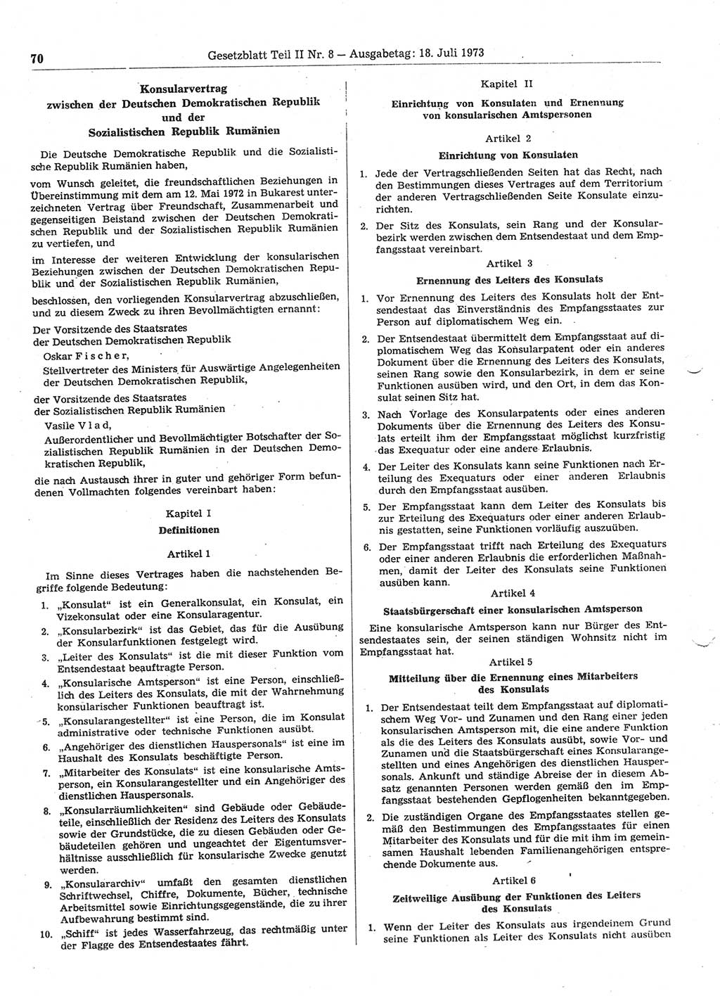 Gesetzblatt (GBl.) der Deutschen Demokratischen Republik (DDR) Teil ⅠⅠ 1973, Seite 70 (GBl. DDR ⅠⅠ 1973, S. 70)