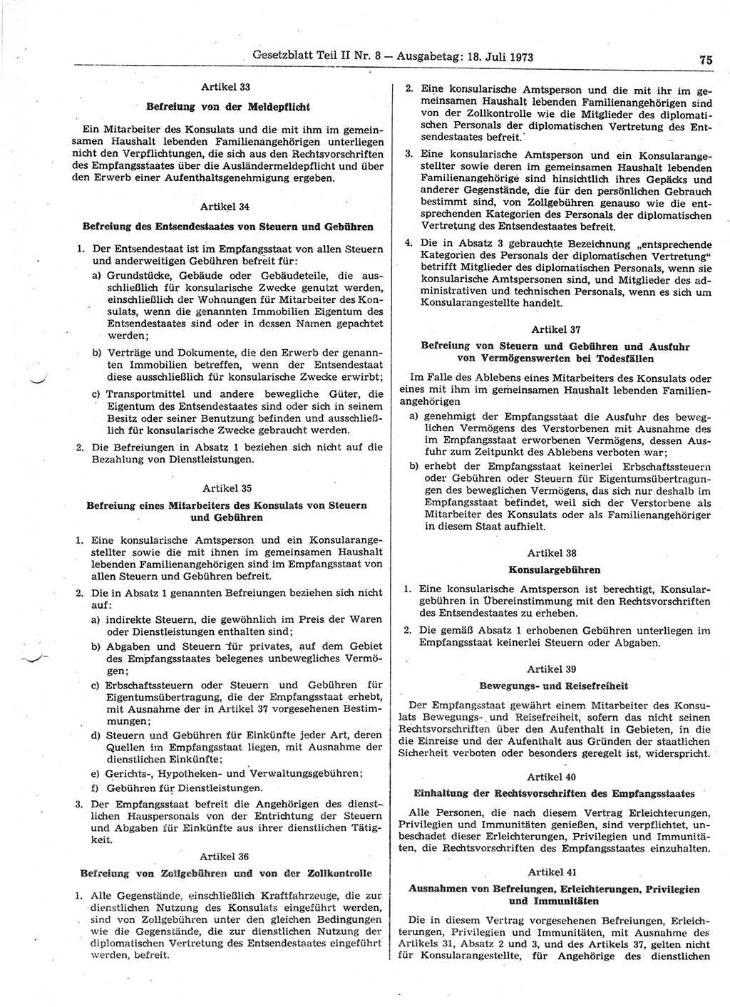 Gesetzblatt (GBl.) der Deutschen Demokratischen Republik (DDR) Teil ⅠⅠ 1973, Seite 75 (GBl. DDR ⅠⅠ 1973, S. 75)