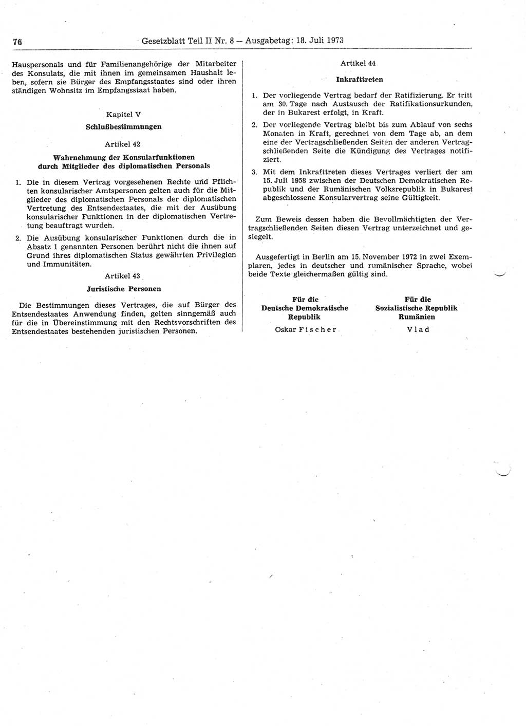 Gesetzblatt (GBl.) der Deutschen Demokratischen Republik (DDR) Teil ⅠⅠ 1973, Seite 76 (GBl. DDR ⅠⅠ 1973, S. 76)